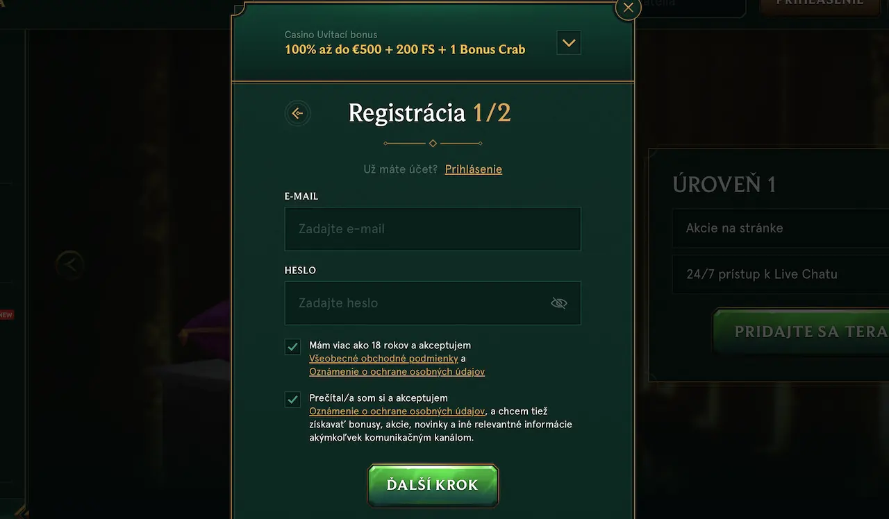 registrácia v Casinia Casino