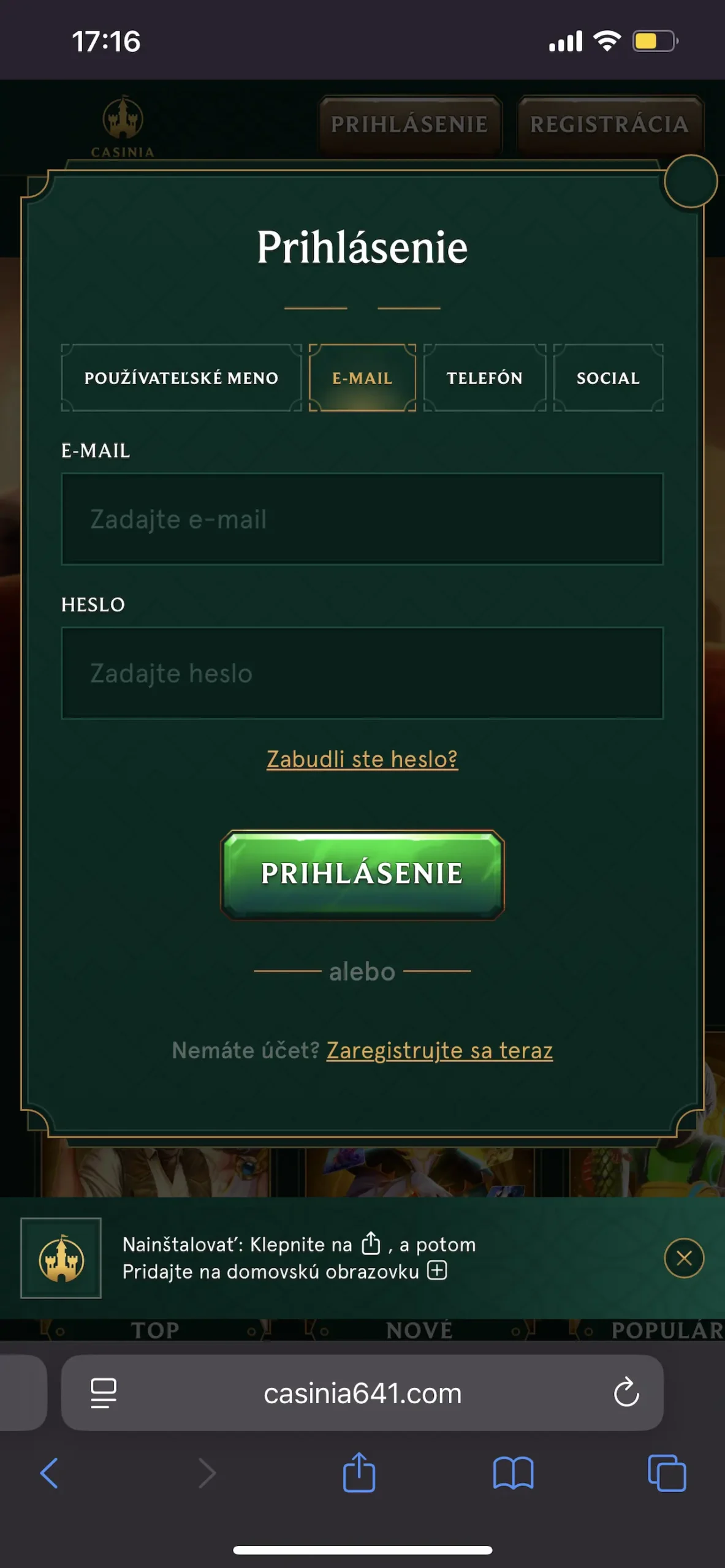 okno s prihlásením v casinia aplikácii