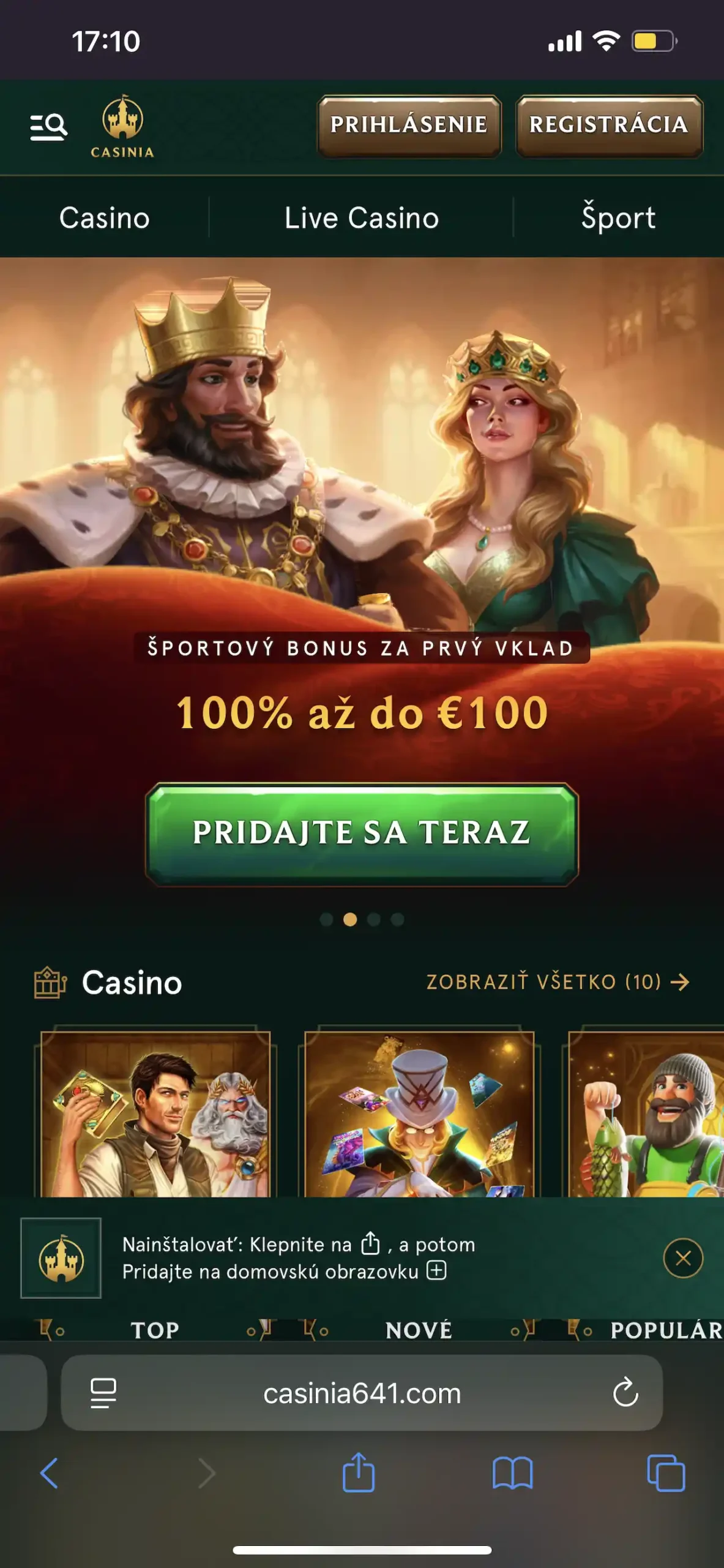 úvodná stránka casinia app
