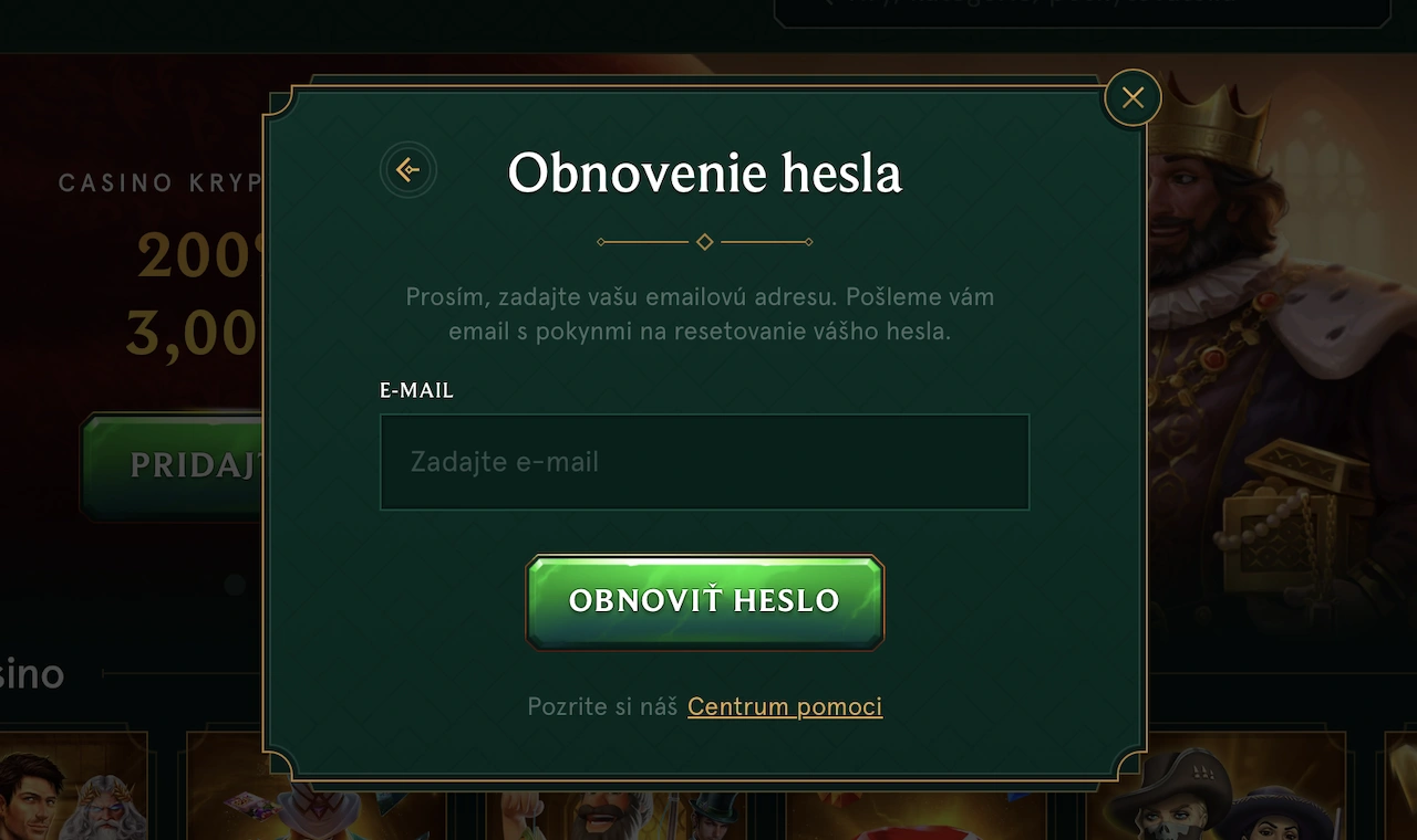 obnova hesla v Casinia Casino