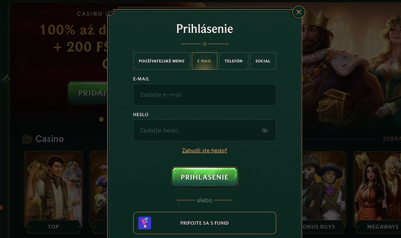prihlásenie do Casinia Casino