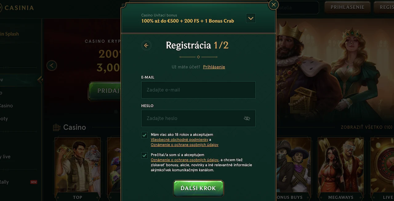 registrácia v Casinia Casino
