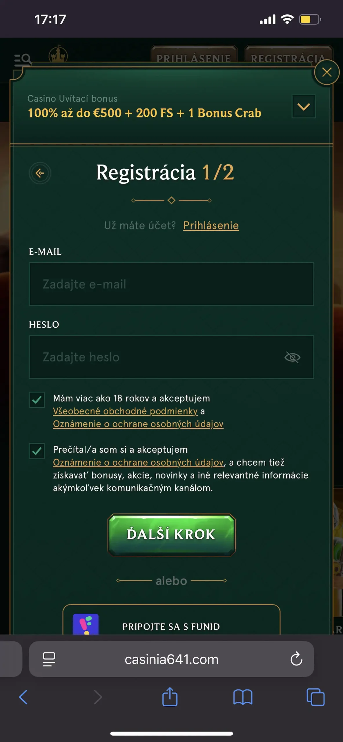 registrácia v Casinia app