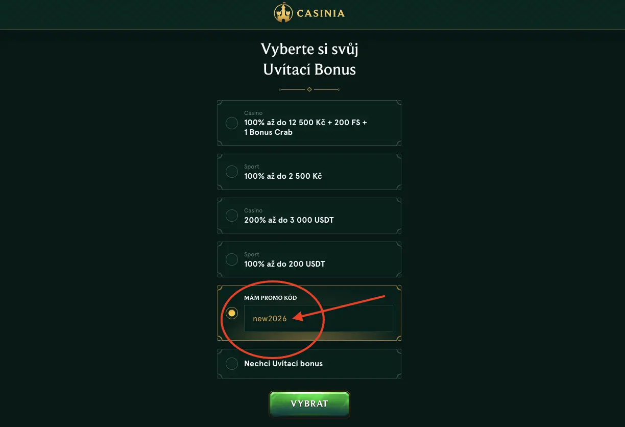 Kde zadať promokód v registračnom formulári Casinia Casino