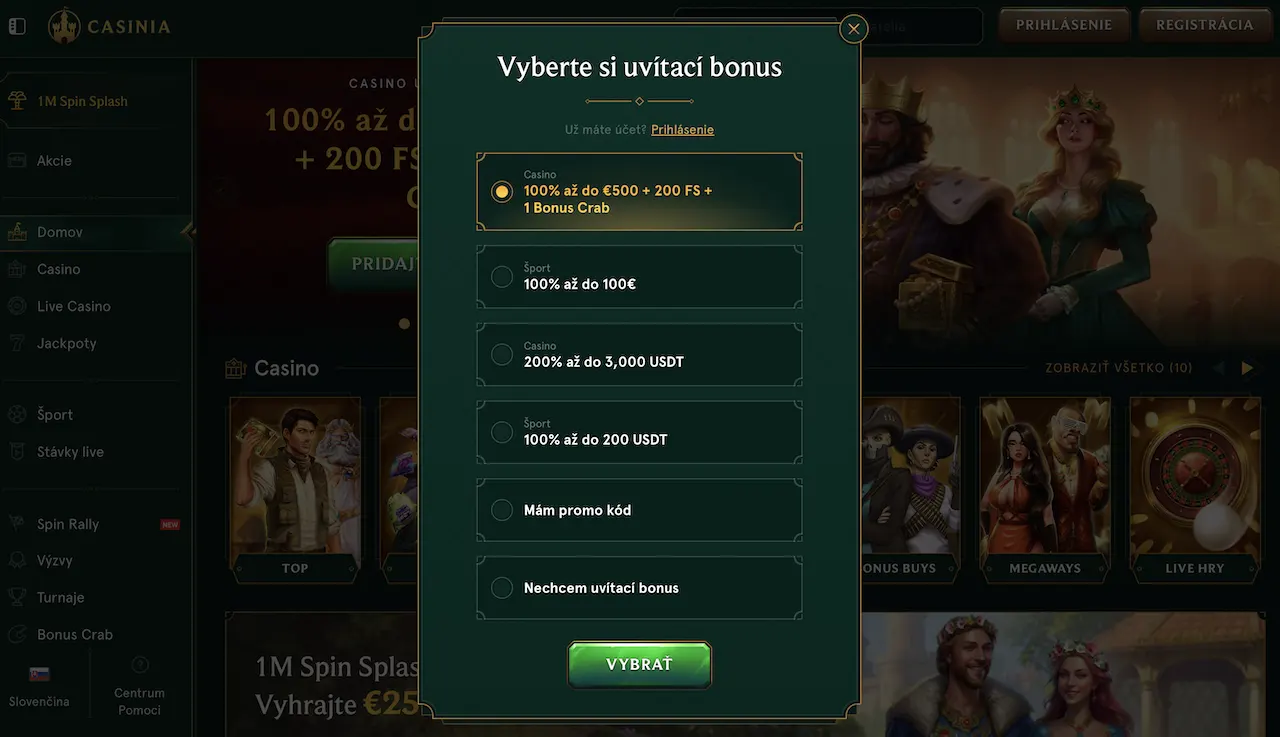 vyberte si uvítací bonus v casinia casino